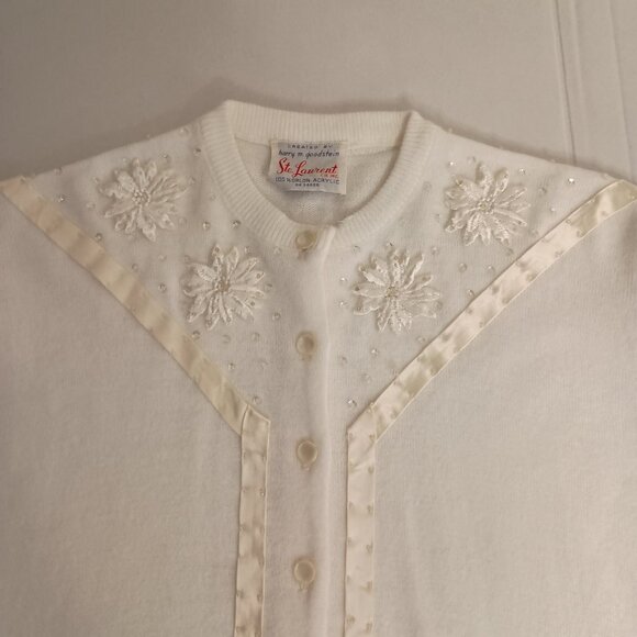 Ste Laurent Vintage White Embellished Crop 3/4 Sleeve Cardigan Sweater Women’s - Picture 2 of 16